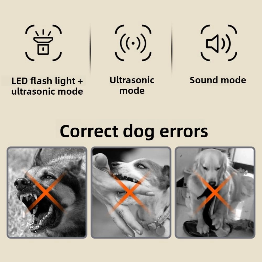 Portable Ultrasonic Dog Bark Deterrent Devices 55ft 2X Head Anti Barking Silencer, Dog Training Clicker 3 Adjustable Modes Rechargeable LED Flashlight,Safe and Harmless for Pet