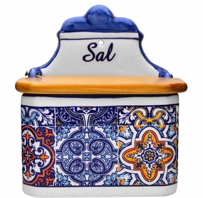 Portuguese Pottery Alcobaça Ceramic Decorative Salt Cellar with Lid for Kitchen (Blue), 6 inch x 4 inch x 6.5 inch Inch (L x W x H) (Salt Holder)