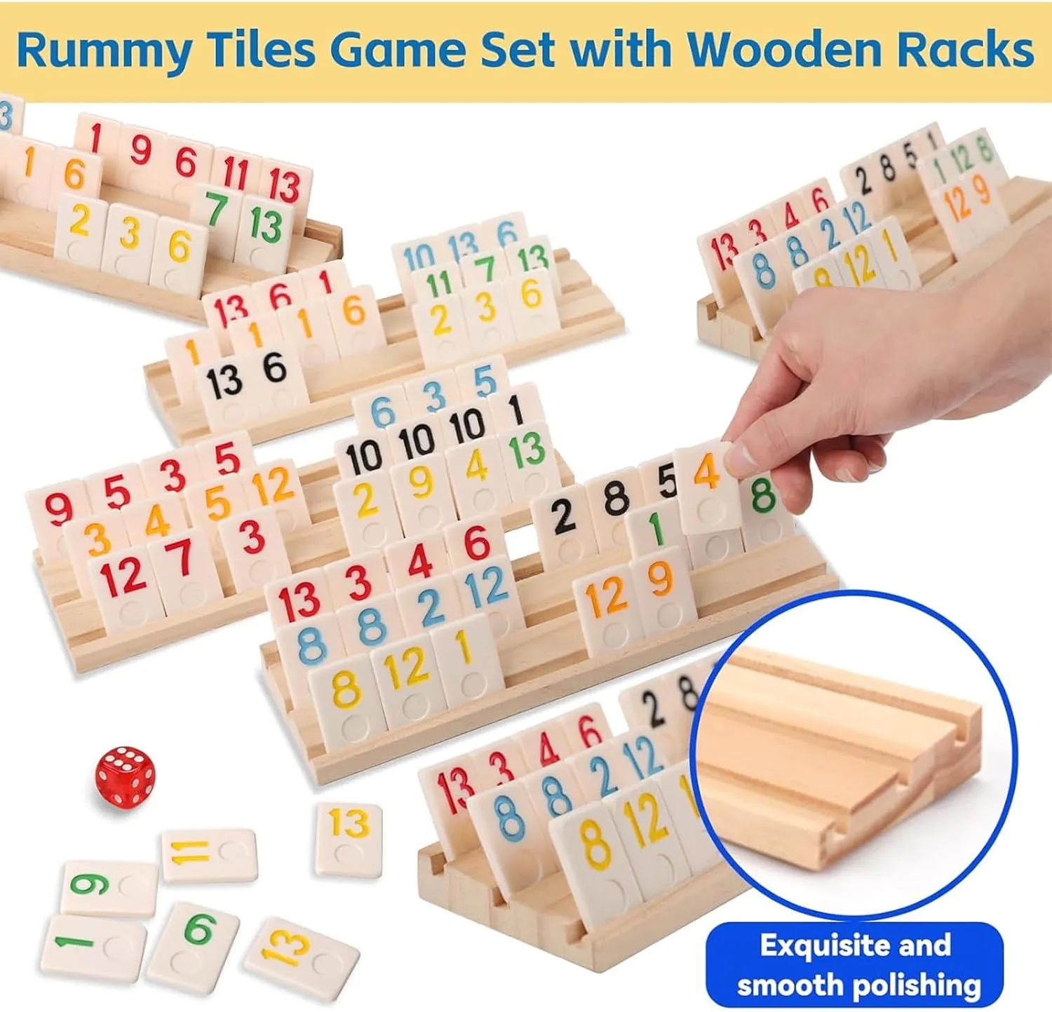 Premium Rummy Cube Game Set 6 Colors with 6 Wooden Racks & 160 Rummy Tiles | Travel & Family Board Game for Adults and Kids