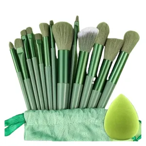 Professiona 13PCS Makeup Brushes Set Foundation Eyeshadow Blush Powder Blending Soft Fluffy Cosmetic Full Set Female Makeup Tool(Green with bag)