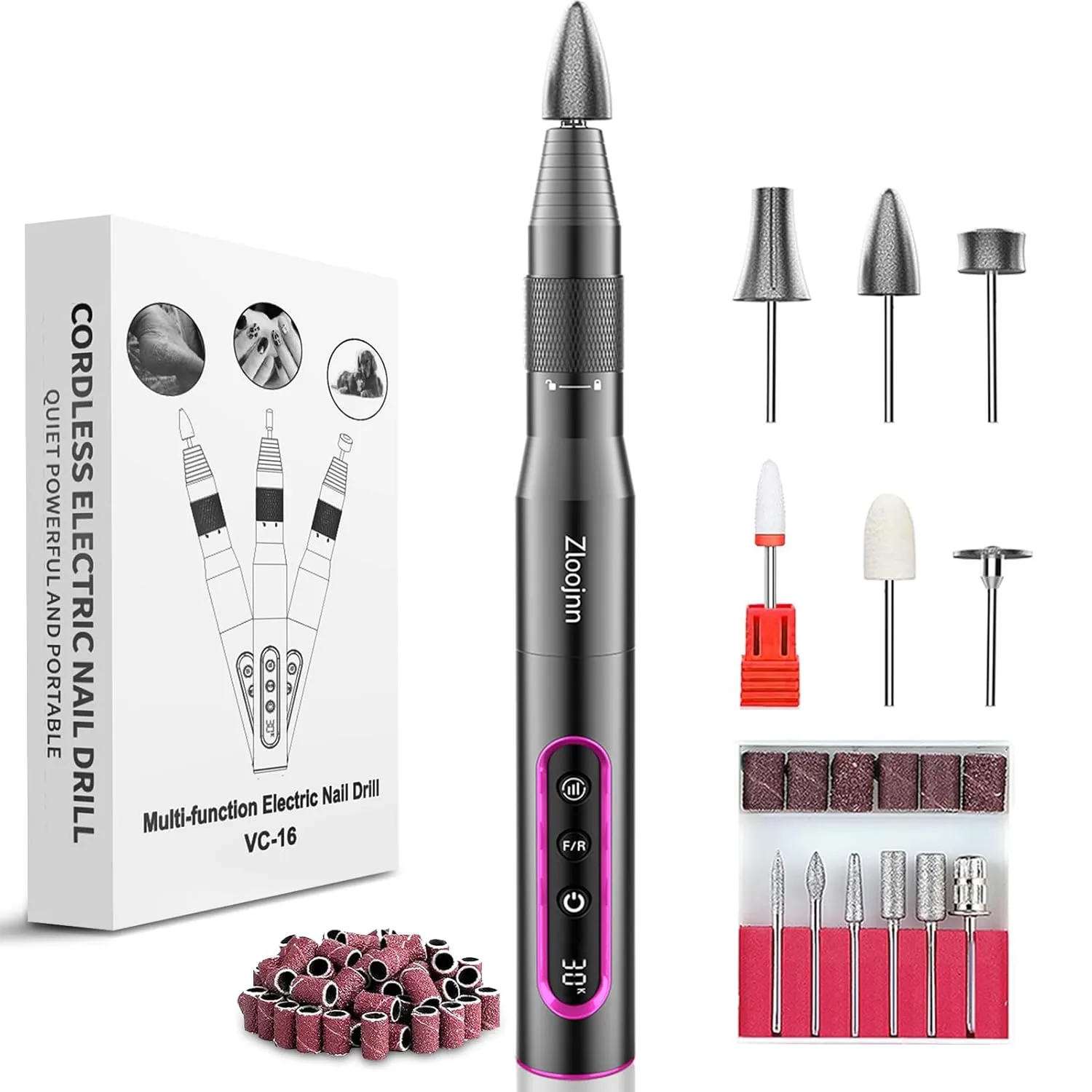 Professional Electric Nail File Drill Set,Cordless E File Nail Drill Kit with 12 Bits,30000 RPM Portable Alloy Manicure Pedicure Kit with LED Screen for Human Pet,Thick Toenails,Natural&Acrylic Nails