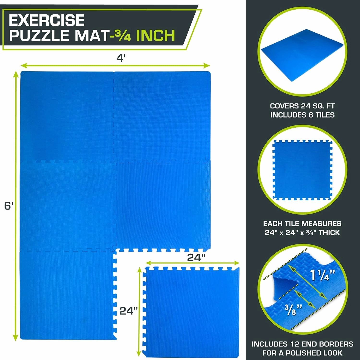 ProsourceFit Extra Thick Puzzle Exercise Mat, EVA Foam Interlocking Tiles for Protective, Cushioned Workout Flooring for Home and Gym Equipment, Blue - 3/4 inch - 24 Sq Ft - 6 Tiles