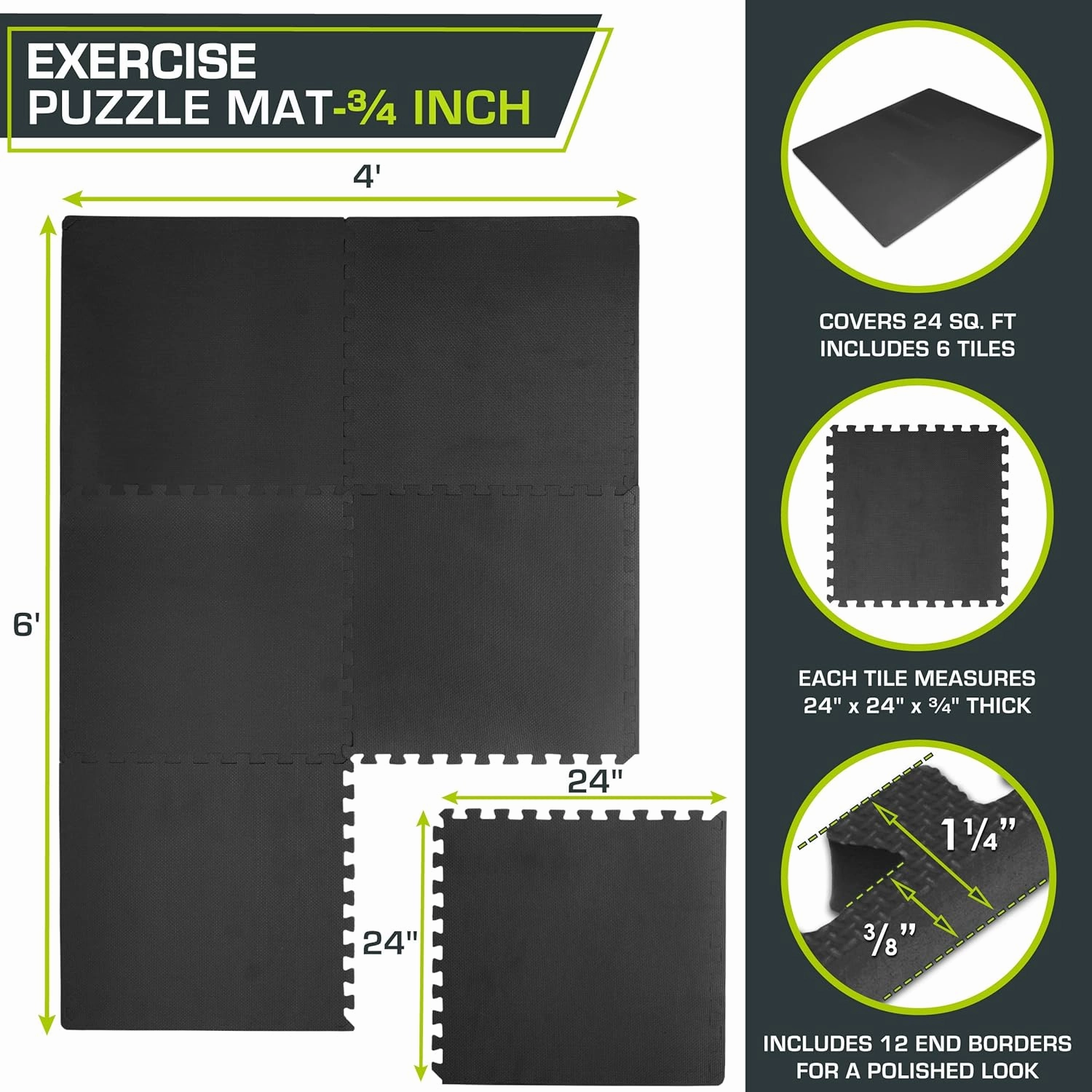 ProsourceFit Extra Thick Puzzle Exercise Mat, EVA Foam Interlocking Tiles for Protective, Cushioned Workout Flooring for Home and Gym Equipment, Blue - 3/4 inch - 24 Sq Ft - 6 Tiles