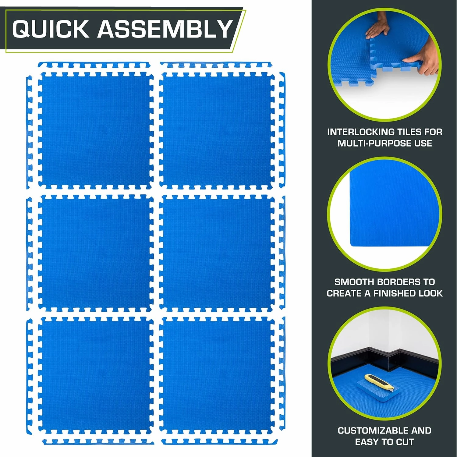 ProsourceFit Extra Thick Puzzle Exercise Mat, EVA Foam Interlocking Tiles for Protective, Cushioned Workout Flooring for Home and Gym Equipment, Blue - 3/4 inch - 24 Sq Ft - 6 Tiles