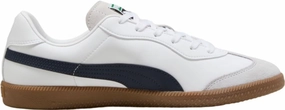 Puma King 21 Men's Indoor Soccer Shoes - Classic Style with Modern Functionality, Soft Leather Upper, Rubber Outsole for Ultimate Grip (White/Navy/Silver, US Footwear Size System, Adult, Men, Numeric, Medium, 9)