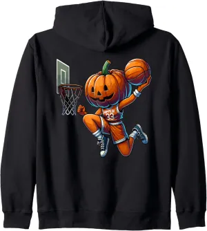 Pumpkin Playing Basketball Dunk Halloween Costume Sports Zip Hoodie