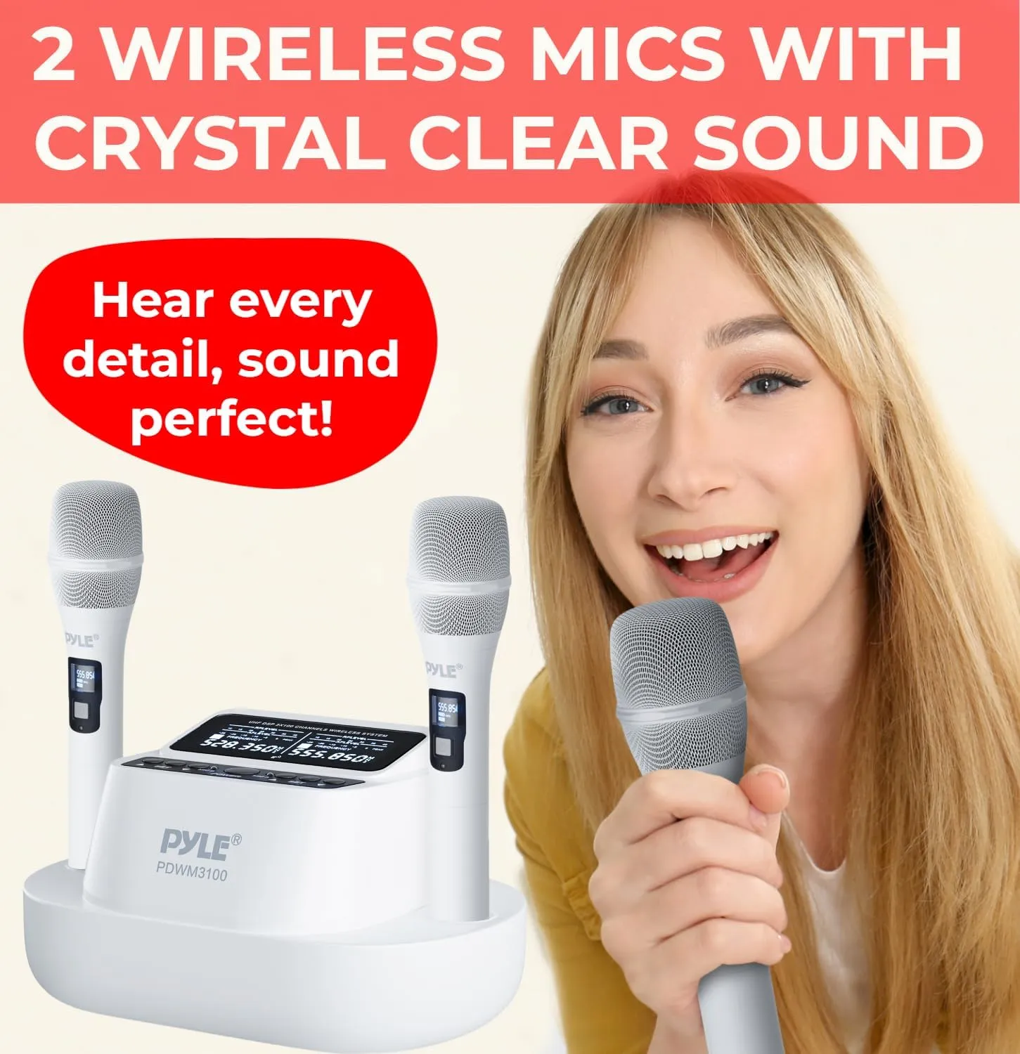 Pyle Wireless Microphones - UHF 2x100 Channel Receiver, Karaoke Microphone with DSP, High-Fidelity, Infrared Sync, Wireless Microphone System for Professional Singers, Stage & Artists