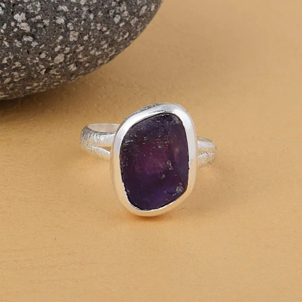 Raw Amethyst Solid 925 Sterling Silver Textured Bold Ring Jewelry