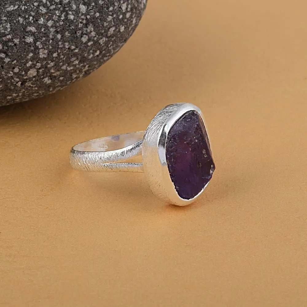 Raw Amethyst Solid 925 Sterling Silver Textured Bold Ring Jewelry