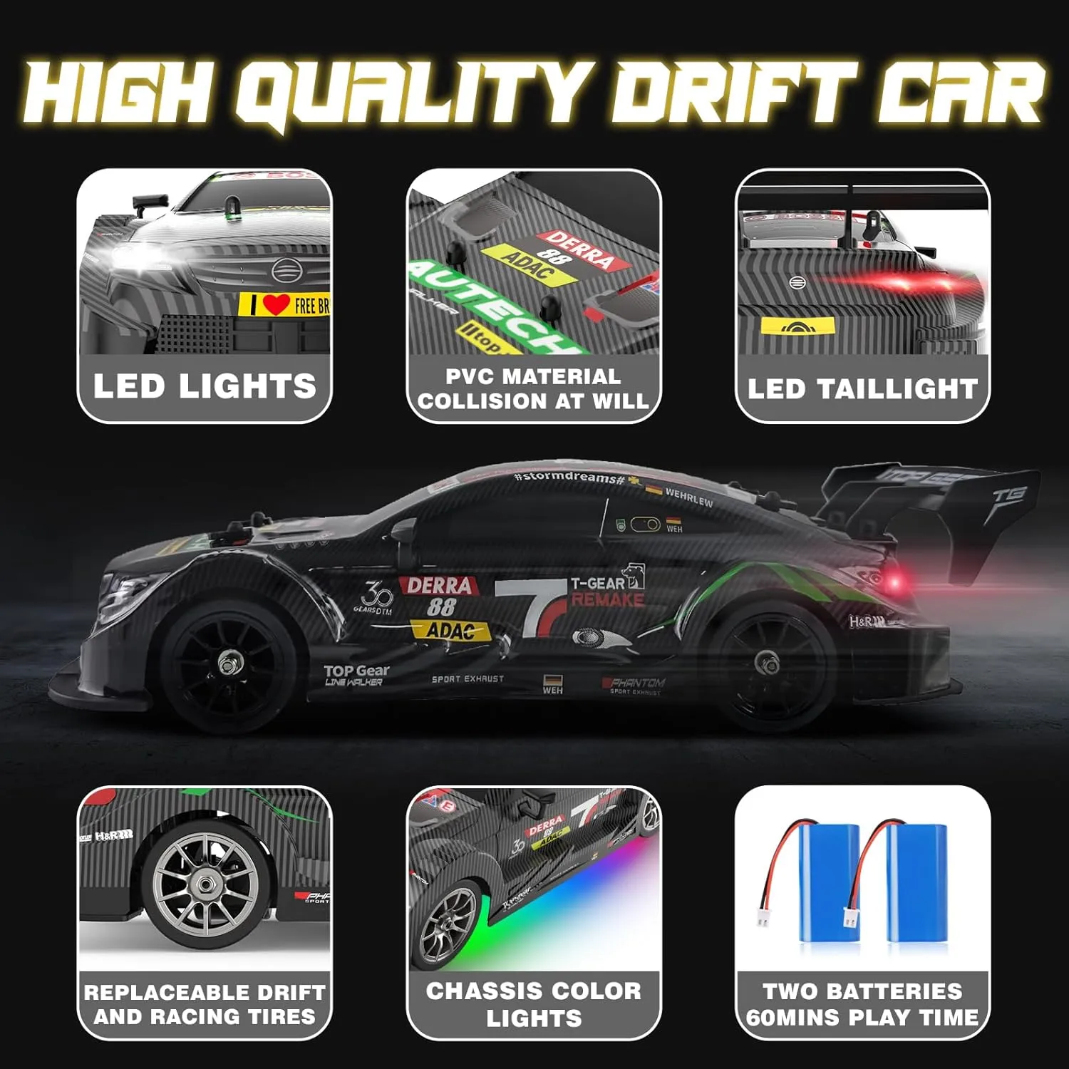 RC Drift Car 1:16, 2.4GHz 4WD 30 KM/H High Speed Remote Control Car with LED Lights Two Batteries and Drift Tires, Drifting RC Cars for Adults Boys Kids, Gray