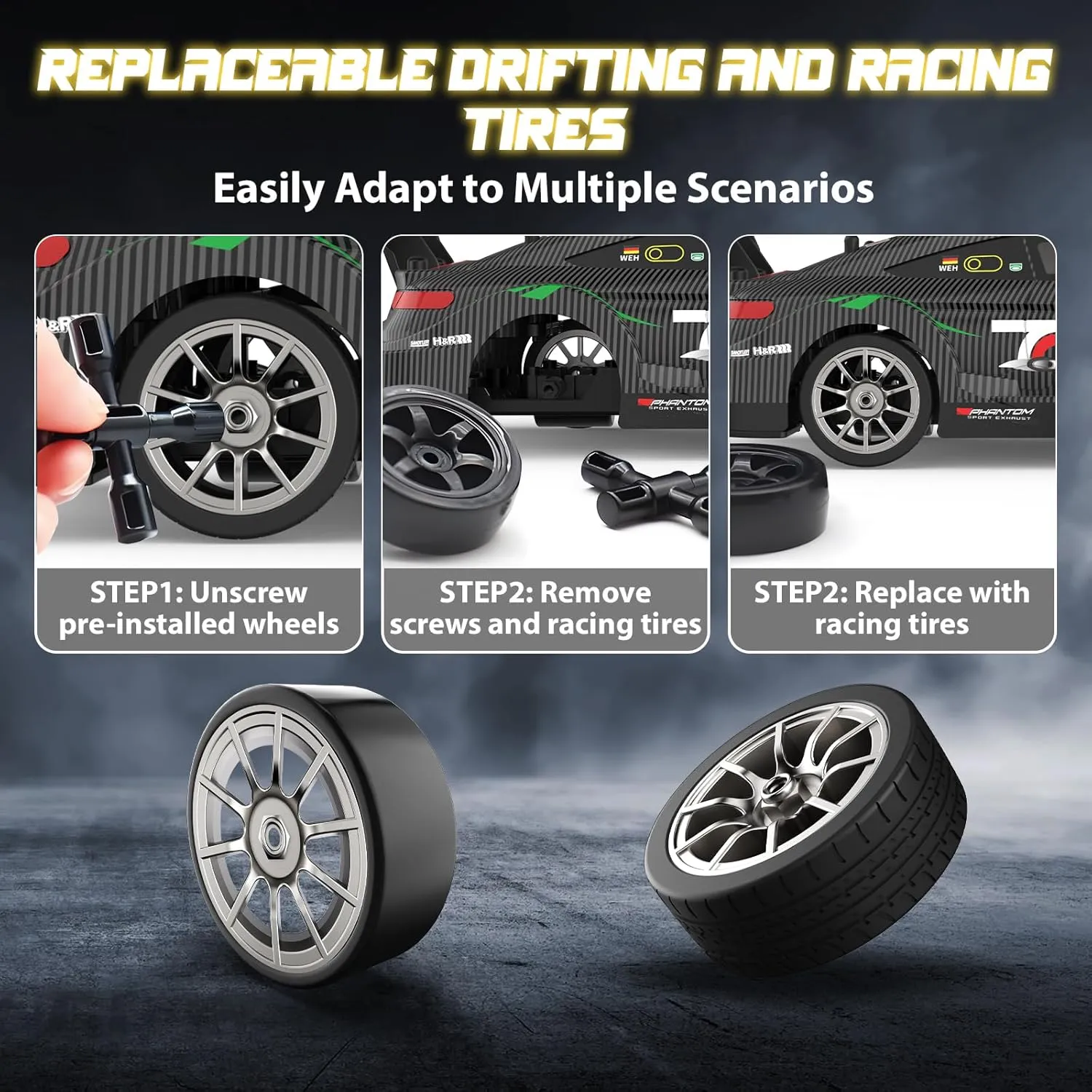 RC Drift Car 1:16, 2.4GHz 4WD 30 KM/H High Speed Remote Control Car with LED Lights Two Batteries and Drift Tires, Drifting RC Cars for Adults Boys Kids, Gray