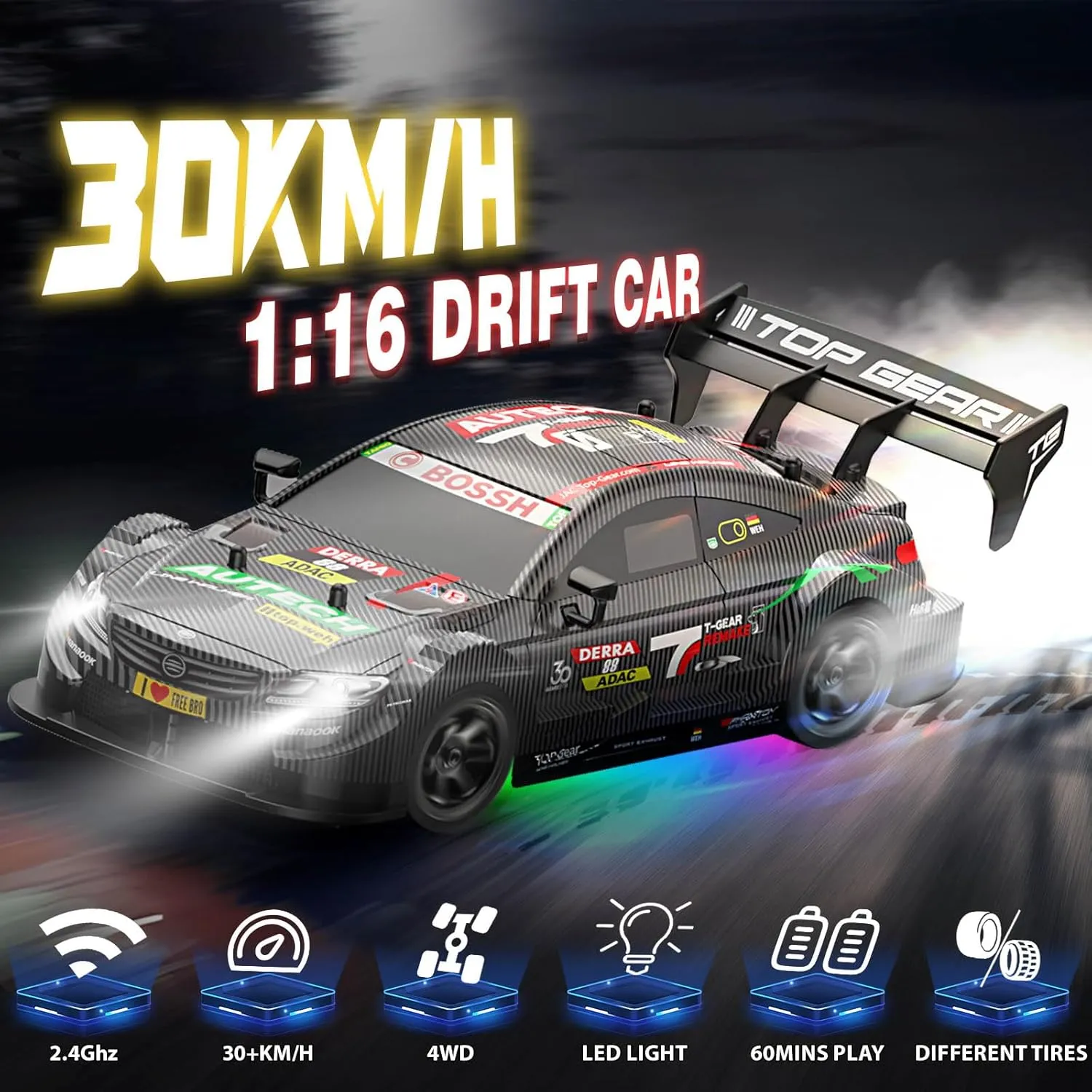 RC Drift Car 1:16, 2.4GHz 4WD 30 KM/H High Speed Remote Control Car with LED Lights Two Batteries and Drift Tires, Drifting RC Cars for Adults Boys Kids, Gray