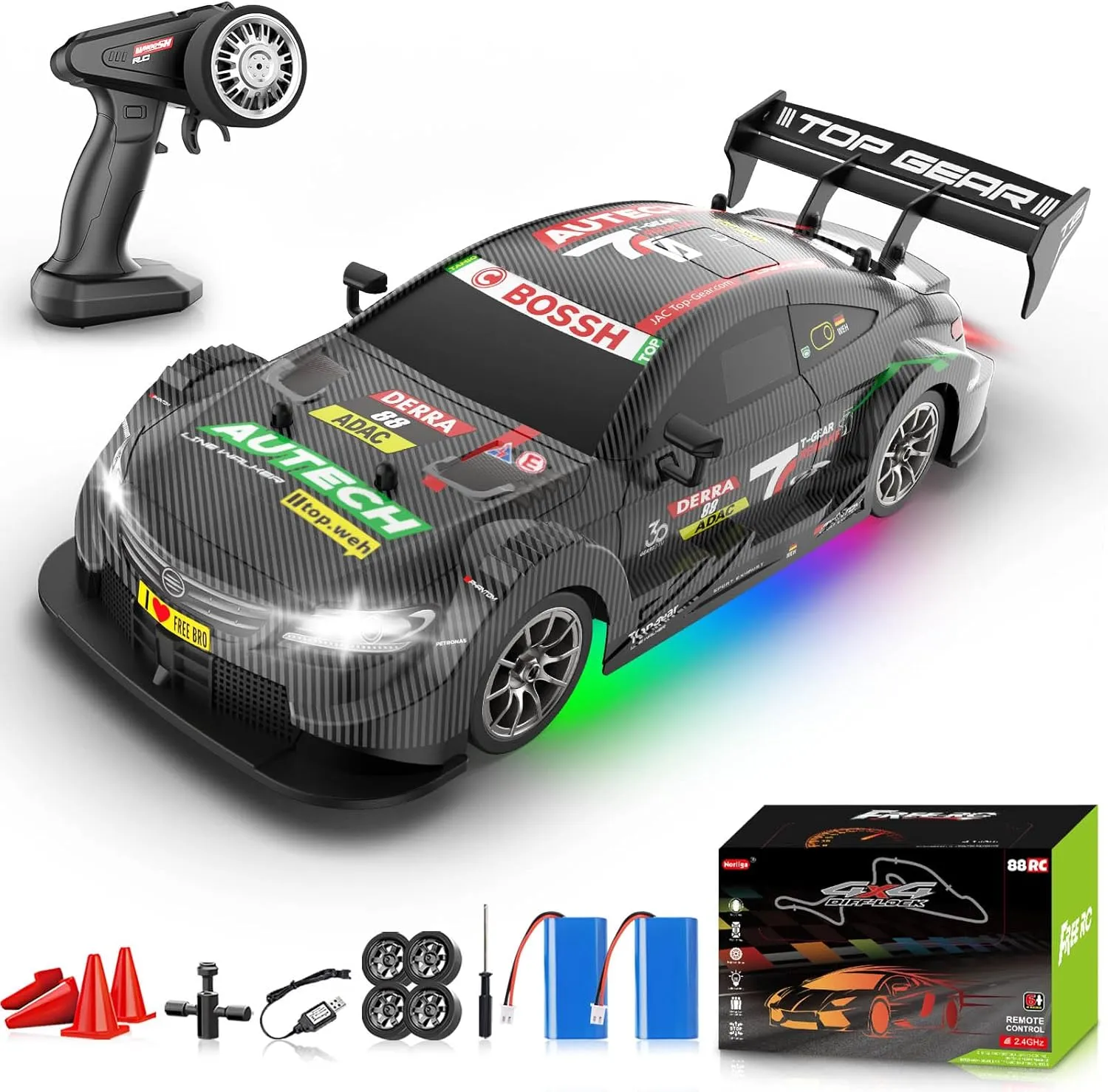 RC Drift Car 1:16, 2.4GHz 4WD 30 KM/H High Speed Remote Control Car with LED Lights Two Batteries and Drift Tires, Drifting RC Cars for Adults Boys Kids, Gray