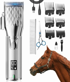Rechargeable Horses Clippers, Cordless Pet Hair Trimmer Shaver with 6 Guide Guards, 2500mAh Large Battery Capacity Electric Grooming Kit for Livestock Animal Thick Coat, Light Weight 0.8lbs
