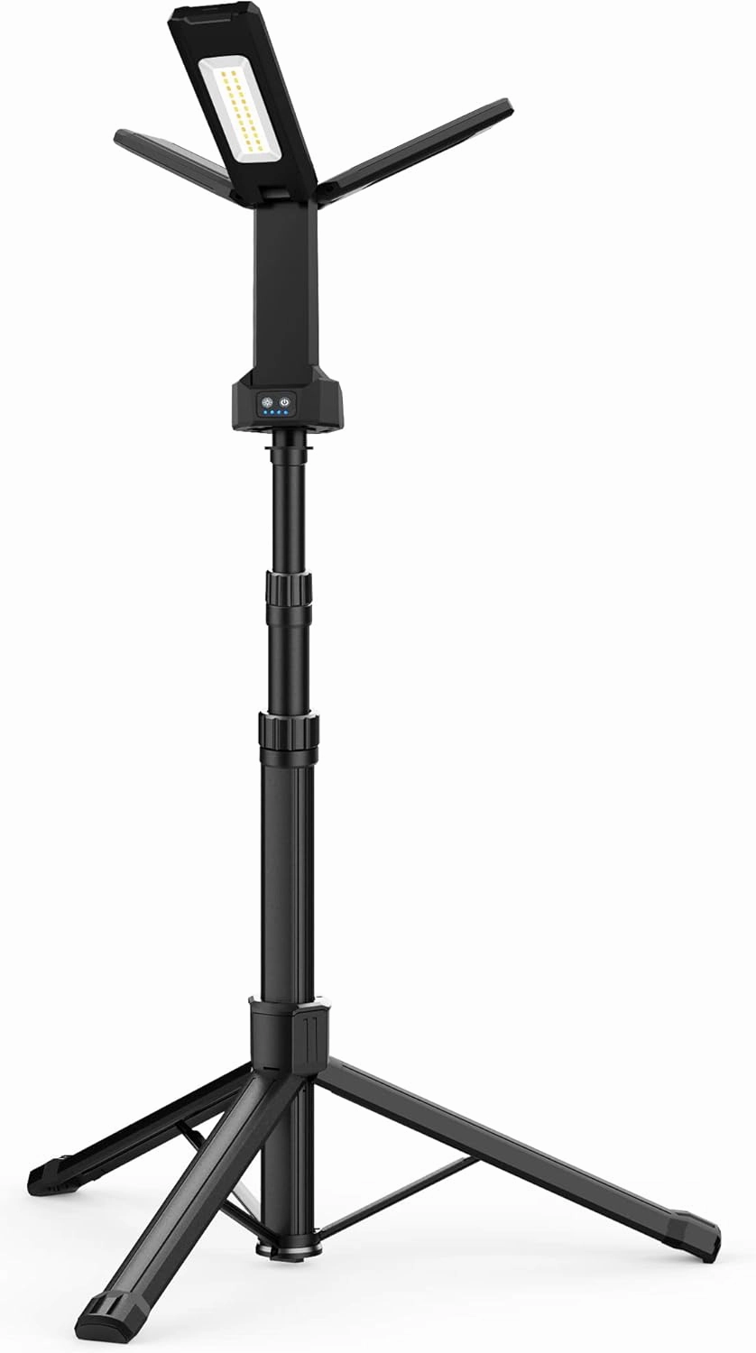 Rechargeable LED Work Light with Stand, Aluminum 67" Portable Cordless Work Light, 8AH Battery, 500/1500/2500 Lumen, 4000/6500K Dimmable Camping Light with Detachable Tripod (Carrying Bag Included)