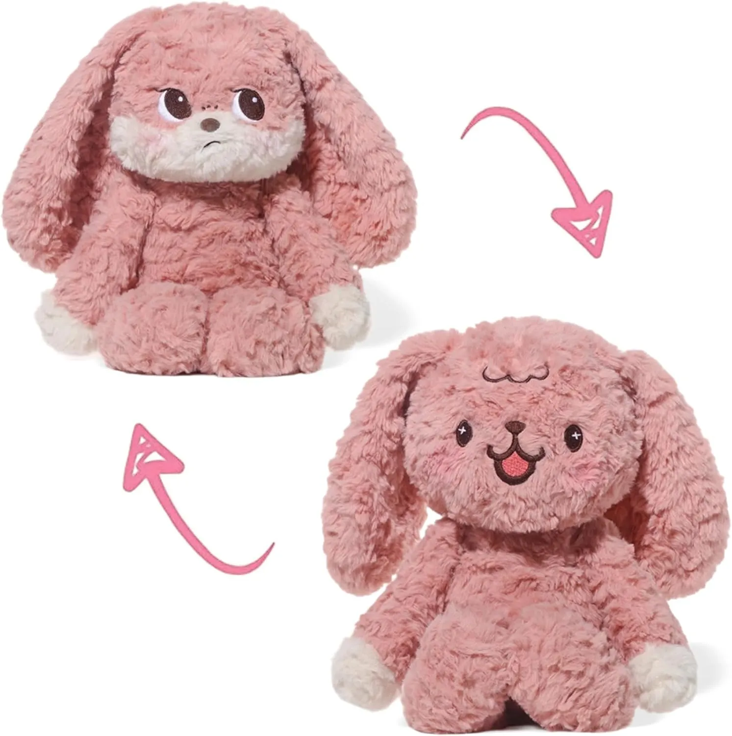 Reversible Bunny Plushie, 15 Inch Pink Cute Soft Sensory Fidget Stuffed Animals That Show Your Mood, Wear Hat to Switch Expressions, Kawaii Rabbit Plush Doll Easter Gift for Kids, Girlfriend