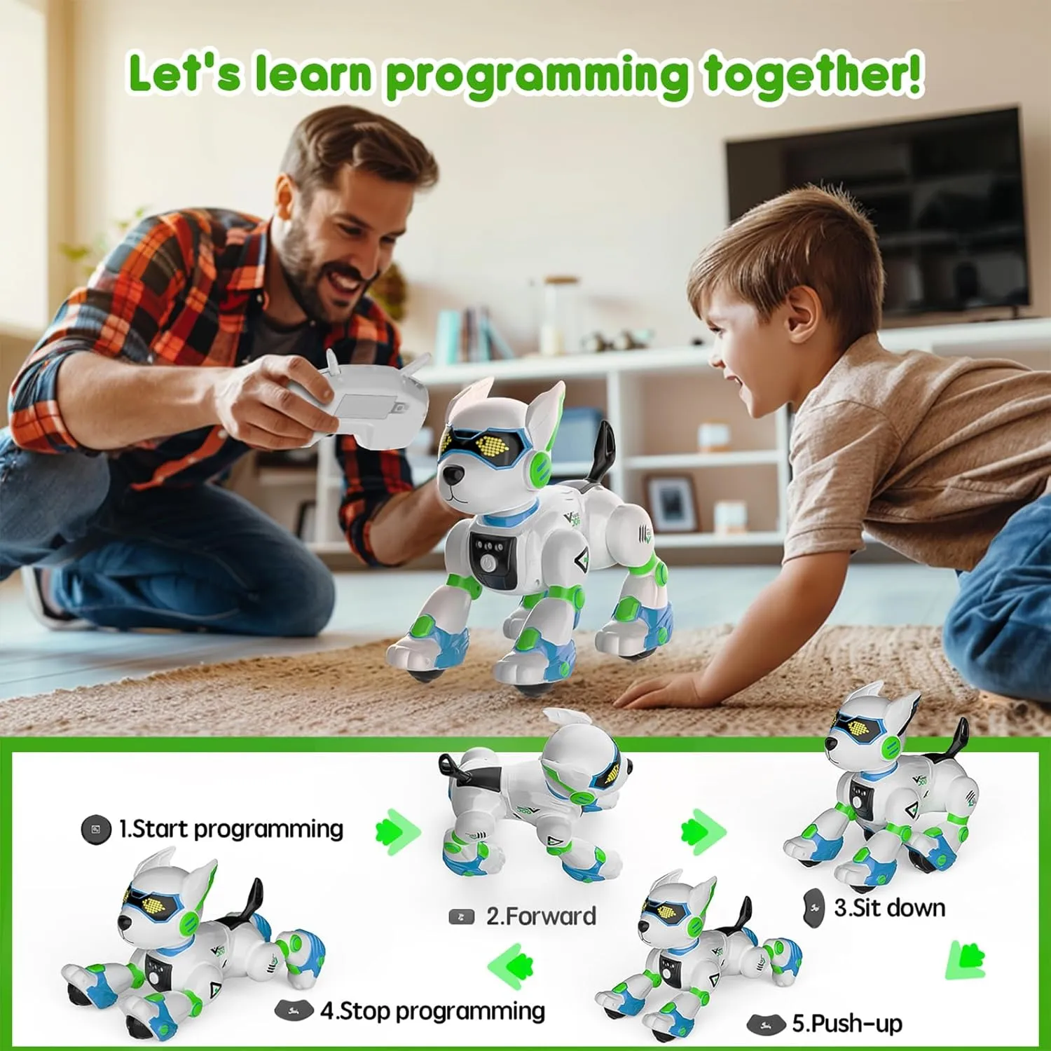 Robot Dog Toys for Kids Remote Control Interactive Robotic Pet Smart Programmable Puppy Electric Intelligent Robo Perro with Voice Control RC Music Imitation Animals Toy Girls Boys Gift (Green)