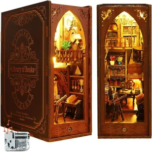 ROCOXIA DIY Book Nook Kit, Booknook Shelf Insert Book Nook DIY Miniatures Kit Light Up Bookends Book Nooks DIY Dollhouse Bookshelf Insert Kit for Adults (Library of Books with Music Box)