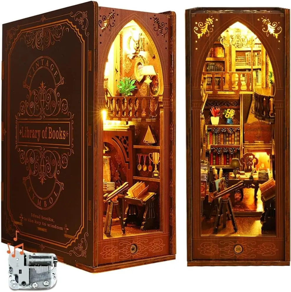 ROCOXIA DIY Book Nook Kit, Booknook Shelf Insert Book Nook DIY Miniatures Kit Light Up Bookends Book Nooks DIY Dollhouse Bookshelf Insert Kit for Adults (Library of Books with Music Box)
