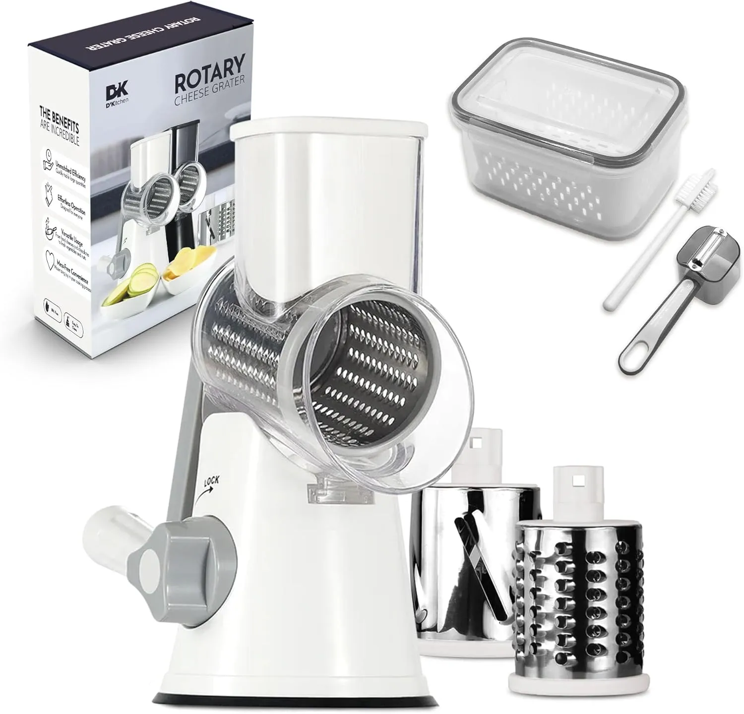 Rotary Cheese Grater & Vegetable Shredder – Three Blades – Manual Hand Crank, Nut, Fruits, Potato & Carrot Grinder, Improved Suction Base, Cleaning Brush & Container – Countertop Cheese Grater (White)