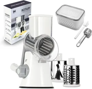 Rotary Cheese Grater & Vegetable Shredder – Three Blades – Manual Hand Crank, Nut, Fruits, Potato & Carrot Grinder, Improved Suction Base, Cleaning Brush & Container – Countertop Cheese Grater (White)