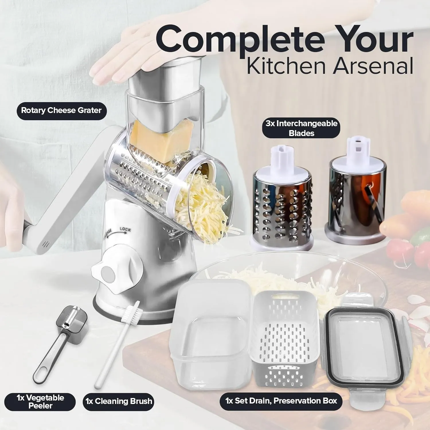 Rotary Cheese Grater & Vegetable Shredder – Three Blades – Manual Hand Crank, Nut, Fruits, Potato & Carrot Grinder, Improved Suction Base, Cleaning Brush & Container – Countertop Cheese Grater (White)