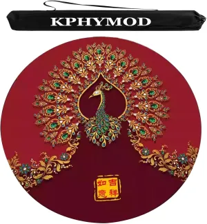 Round Mahjong Mat with Carrying Bag, Red Peacock Printed Table Cover Anti Slip and Noise Reducing Card Game Mat(Blue,31.5x31.5in)