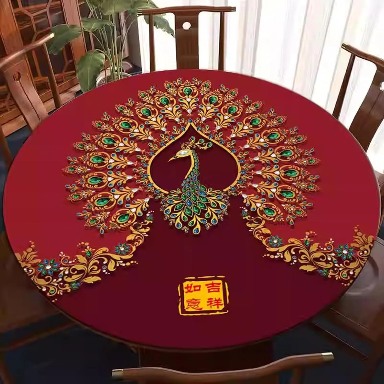 Round Mahjong Mat with Carrying Bag, Red Peacock Printed Table Cover Anti Slip and Noise Reducing Card Game Mat(Blue,31.5x31.5in)