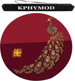 Round Mahjong Mat with Carrying Bag, Red Peacock Printed Thickened Table Cover, Anti-Slip Noise Reduction Playmat(Blue,23.62x23.62in)