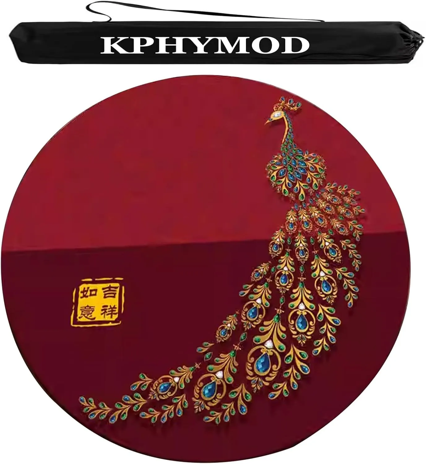 Round Mahjong Mat with Carrying Bag, Red Peacock Printed Thickened Table Cover, Anti-Slip Noise Reduction Playmat(Blue,23.62x23.62in)