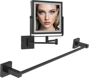 Ruacq Rechargeable Wall Mounted Makeup Mirror with Lights, Towel Bar 24inch, Square Base 2pcs Bathroom Hardware Set, Stainless Steel, Heavy Duty(Matte Black)