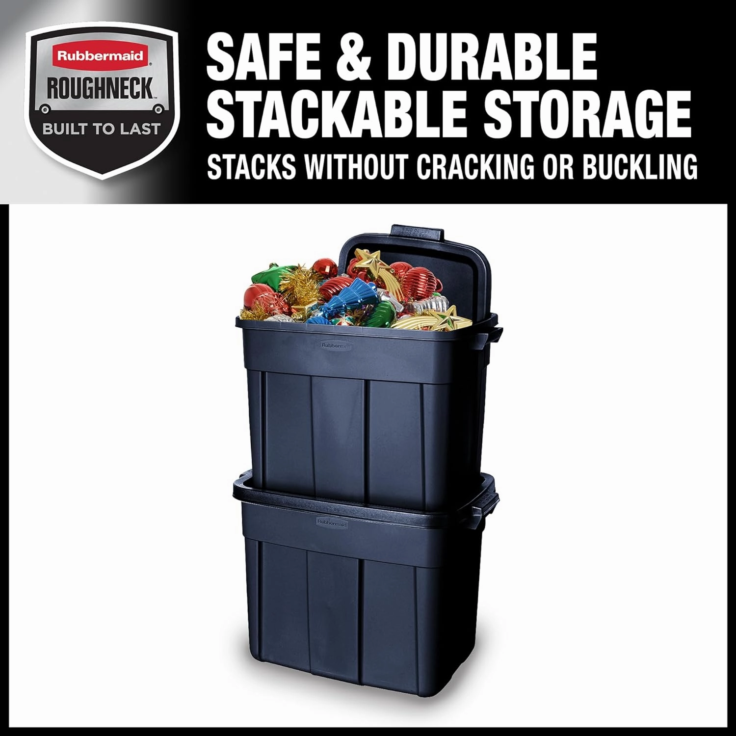 Rubbermaid Roughneck Tote 18 Gal, 6 Pack, Made in USA, Dark Indigo Metallic, Rugged Plastic Stackable Storage Bins with Lids and Handles