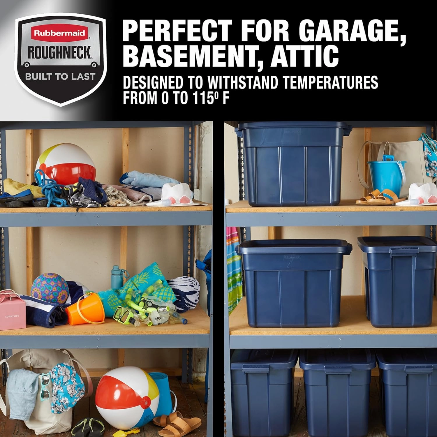 Rubbermaid Roughneck Tote 18 Gal, 6 Pack, Made in USA, Dark Indigo Metallic, Rugged Plastic Stackable Storage Bins with Lids and Handles