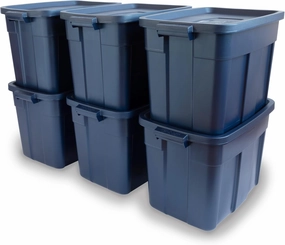 Rubbermaid Roughneck Tote 18 Gal, 6 Pack, Made in USA, Dark Indigo Metallic, Rugged Plastic Stackable Storage Bins with Lids and Handles