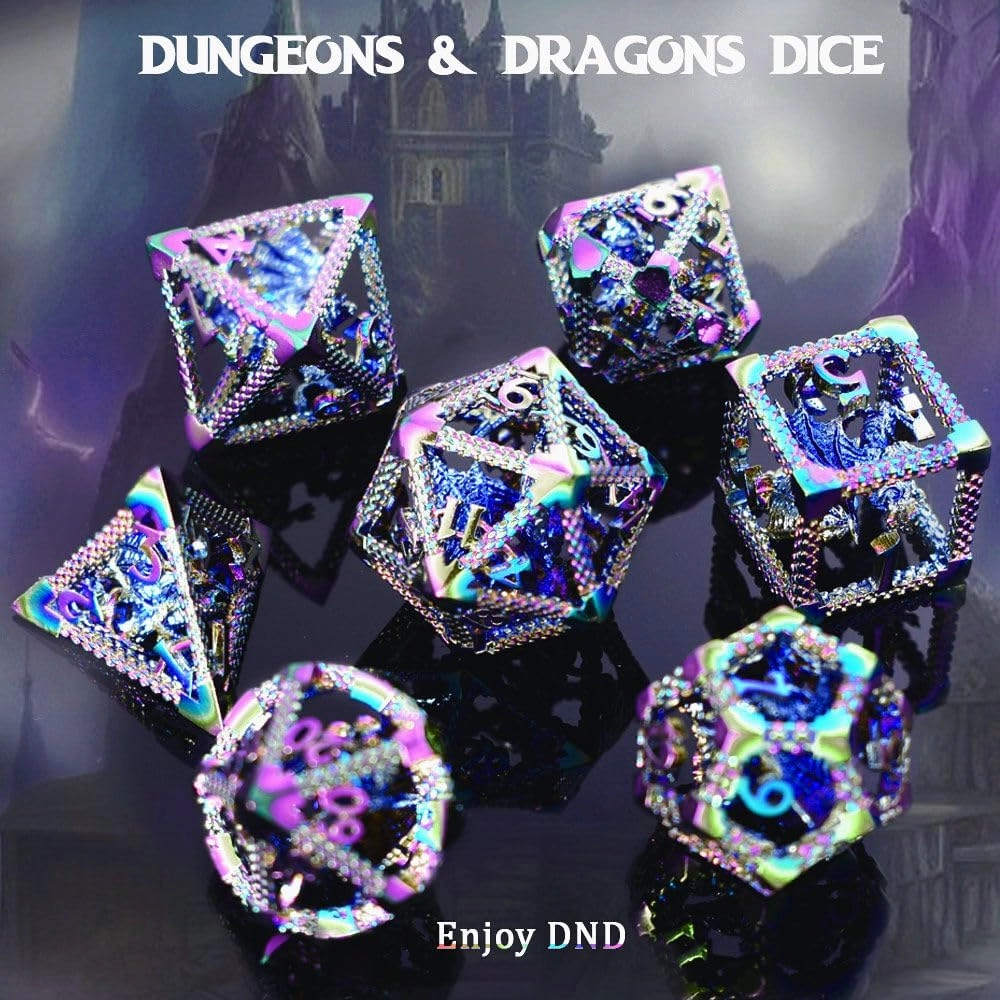 RULE DICE 7pcs Captive Magic Dragon Metal D& D Dice Set, Unique Design, Fantastical Hollow Polyhedral DND Metal Dice, Suitable for Role Playing Games Dungeons and Dragons D&D Dice Set (Rainbow)