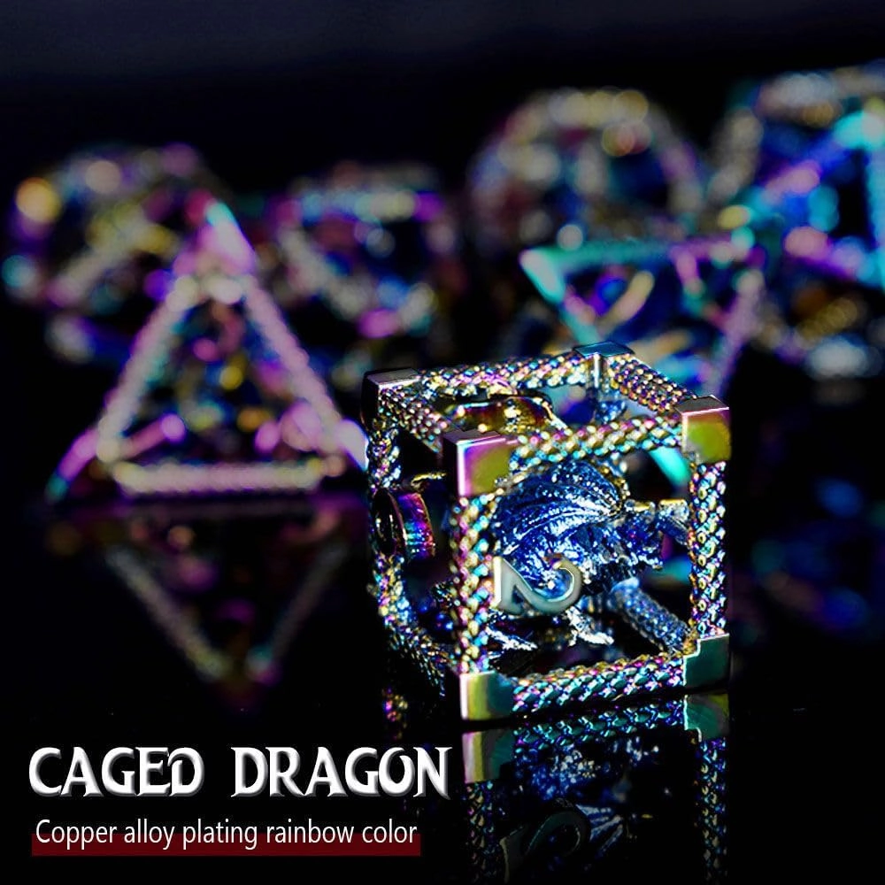 RULE DICE 7pcs Captive Magic Dragon Metal D& D Dice Set, Unique Design, Fantastical Hollow Polyhedral DND Metal Dice, Suitable for Role Playing Games Dungeons and Dragons D&D Dice Set (Rainbow)