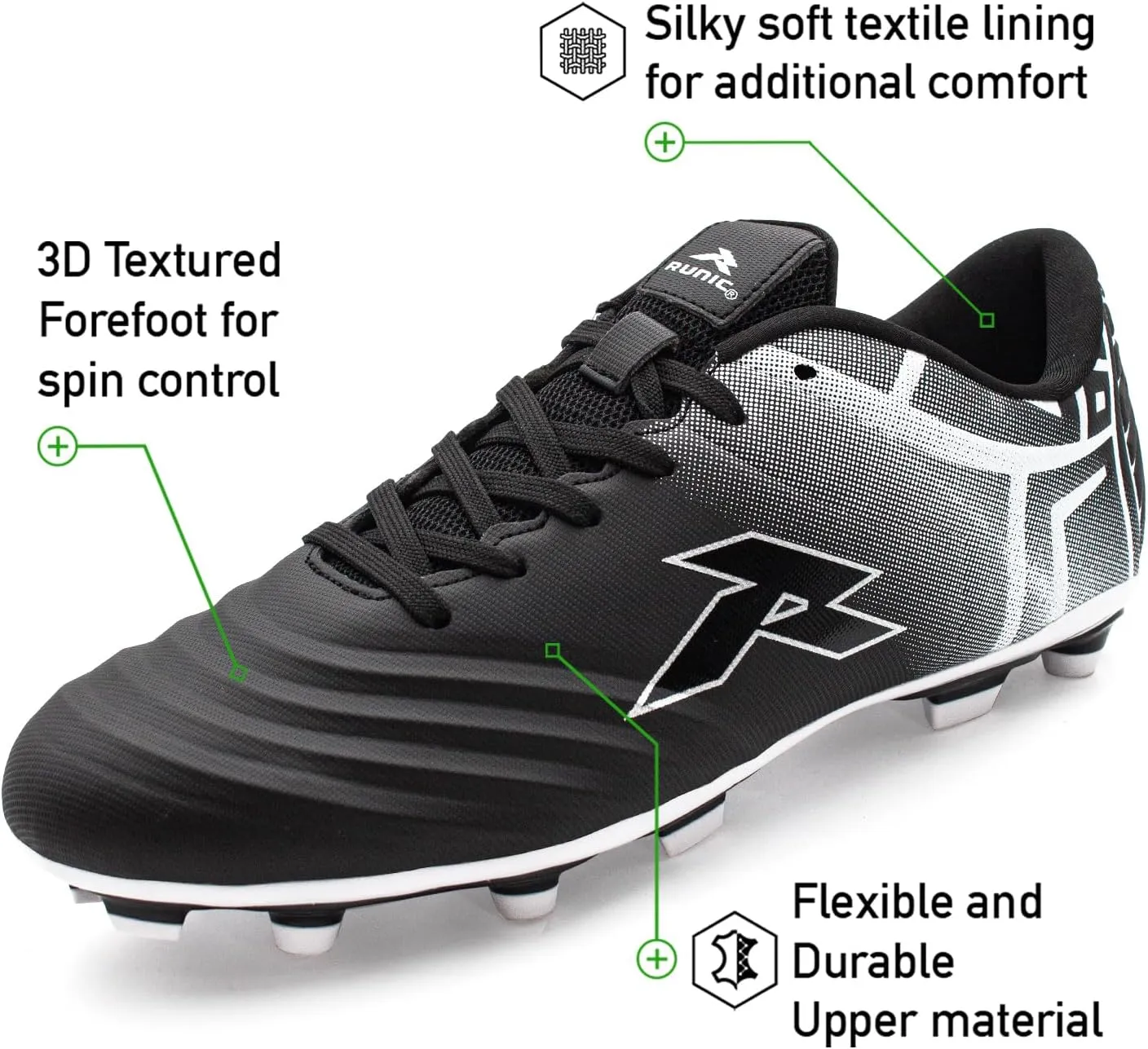 RUNIC Soccer Cleats for Men and Boys – Firm Ground Cleats with Multi-Shaped Studs - Textured Forefoot- Soft Lining -Flexible Upper - Reinforced Stitching - Black/Gold - 6