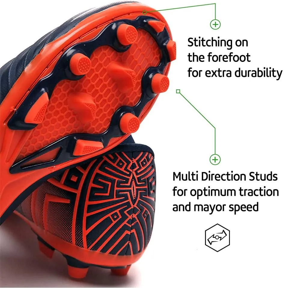 RUNIC Soccer Cleats for Men and Boys – Firm Ground Cleats with Multi-Shaped Studs - Textured Forefoot- Soft Lining -Flexible Upper - Reinforced Stitching - Black/Gold - 6