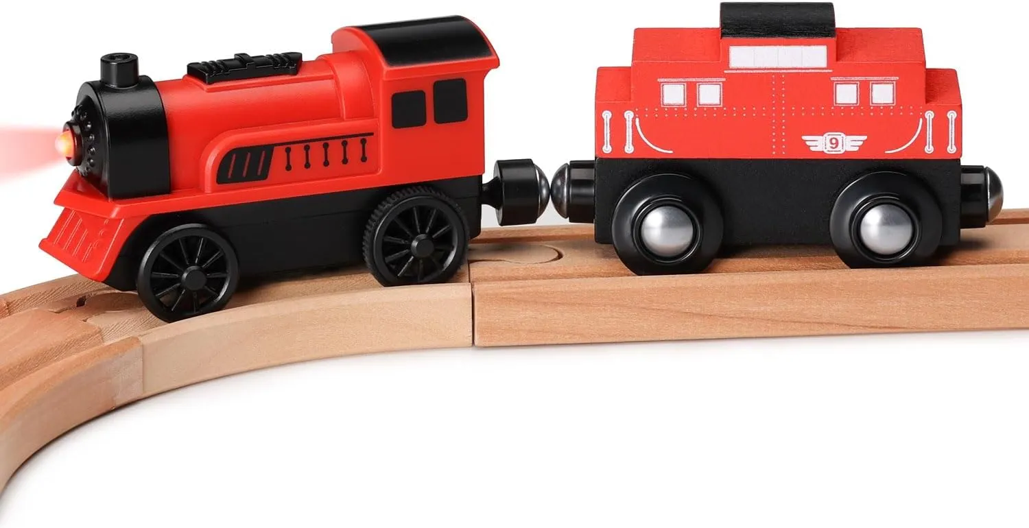 SainSmart Jr. Wooden Train Set Accessories, 2 PCS Motorized Train for Toddlers with Magnetic Connection, Battery Operated Train Compatible with All Major Brands, Gift for Kids Aged 3 