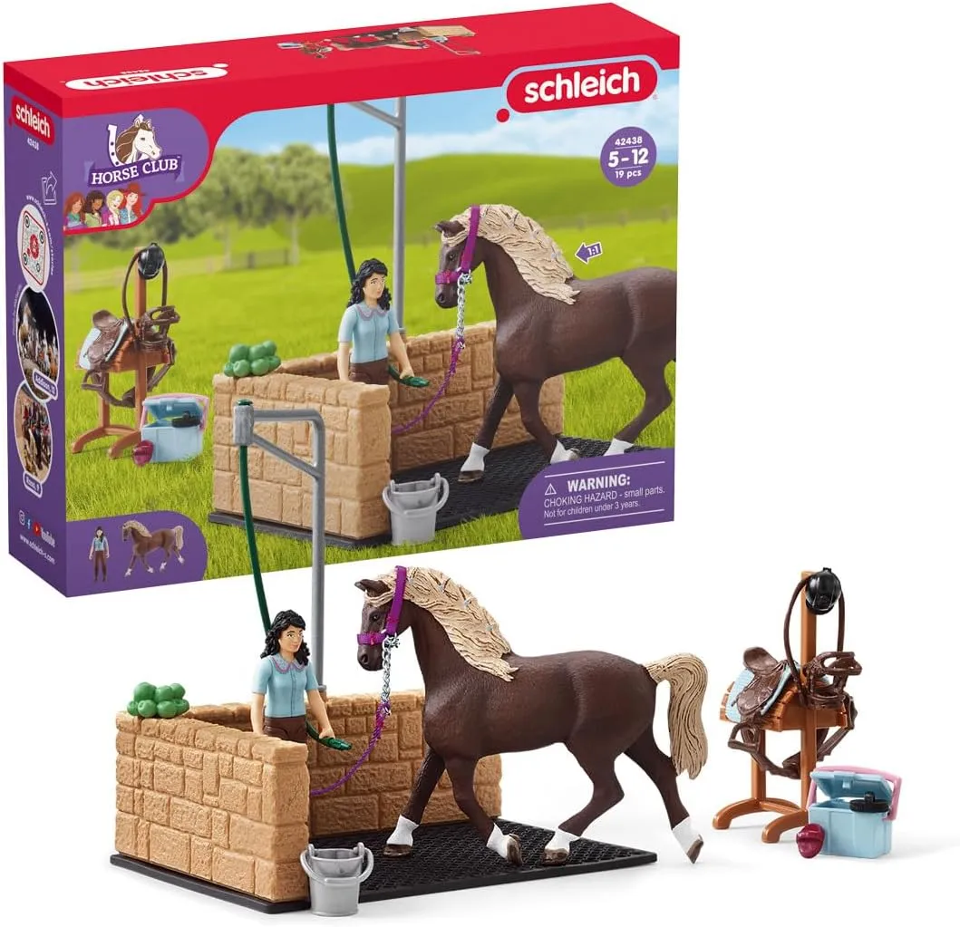 Schleich Horse Club — 19-Piece Equestrian Washing Area Horse Playset with Horse and Rider Figurines, Washing Stall with Moving Swivel Hose Arm, Horse Toys for Girls & Boys Ages 5 