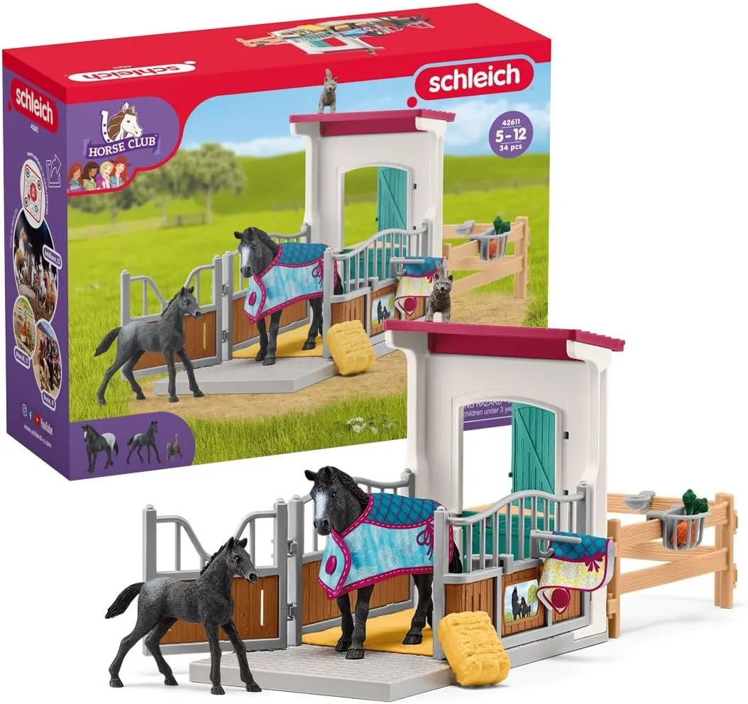 Schleich Horse Club - 34PC Stall Extension Horse Toy Playset with Mare and Foal Figure, Cat Figurine, and Accessories - Stable Set for Girls and Boys - Interactive, Realistic Kids Toys Ages 5  - 42611
