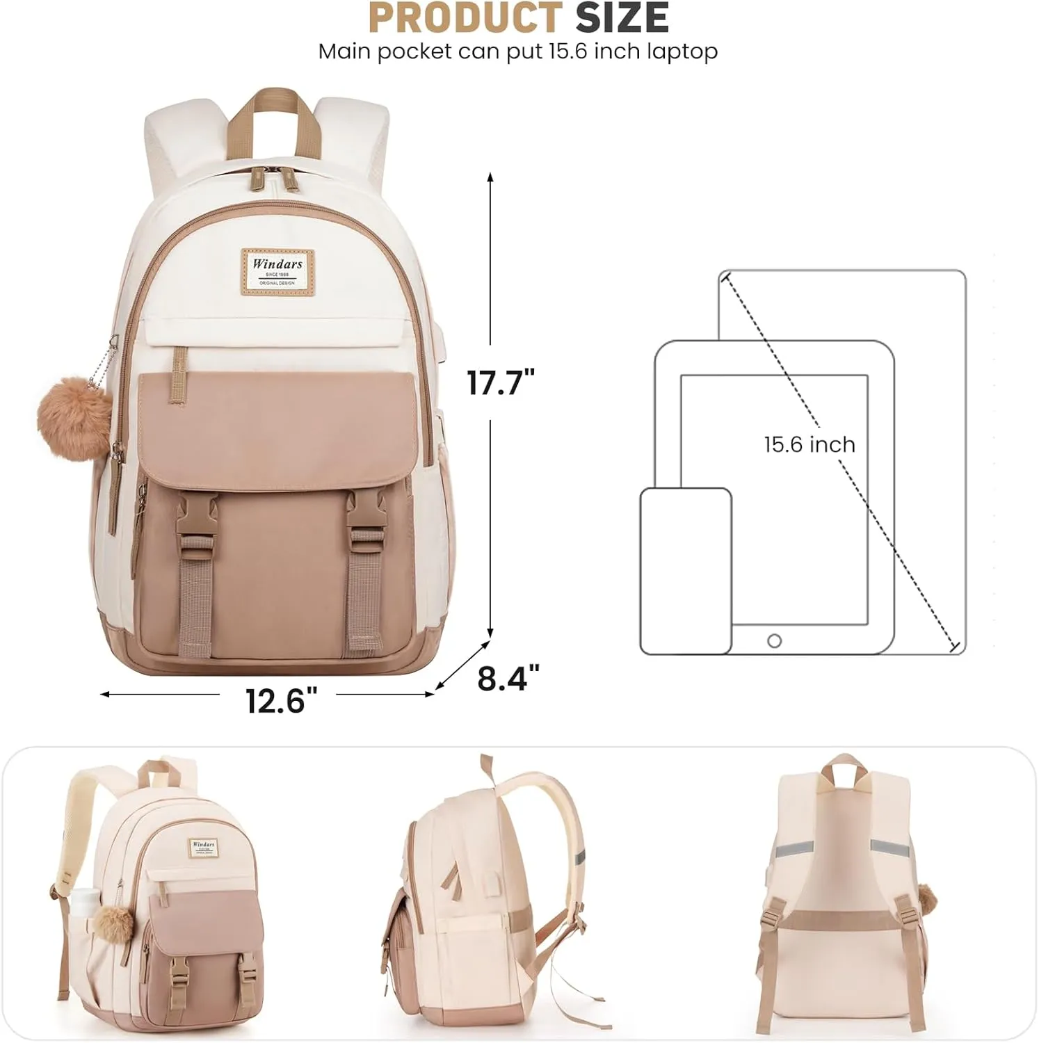 School Backpack for Teen Girls, Cute College Backpacks for Women Students Aesthetic Bookbag Large 15.6 Inch Laptop Bag Middle School Travel Back Pack (Khaki Beige)