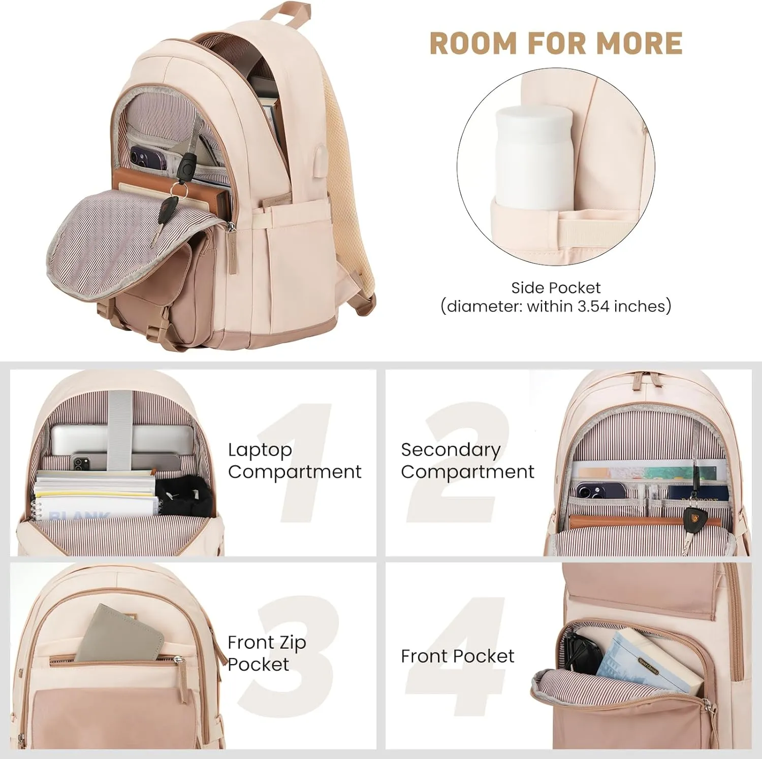 School Backpack for Teen Girls, Cute College Backpacks for Women Students Aesthetic Bookbag Large 15.6 Inch Laptop Bag Middle School Travel Back Pack (Khaki Beige)