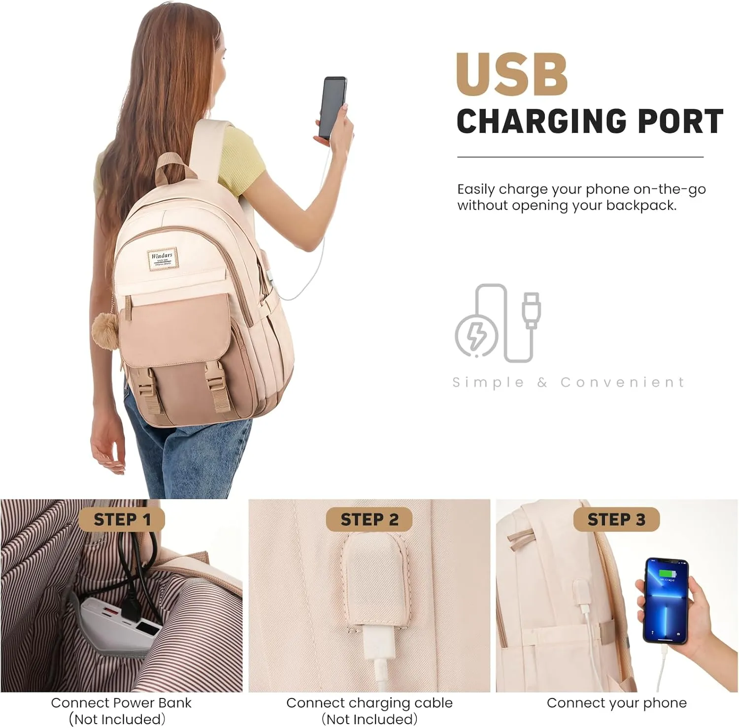 School Backpack for Teen Girls, Cute College Backpacks for Women Students Aesthetic Bookbag Large 15.6 Inch Laptop Bag Middle School Travel Back Pack (Khaki Beige)