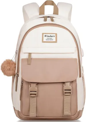 School Backpack for Teen Girls, Cute College Backpacks for Women Students Aesthetic Bookbag Large 15.6 Inch Laptop Bag Middle School Travel Back Pack (Khaki Beige)