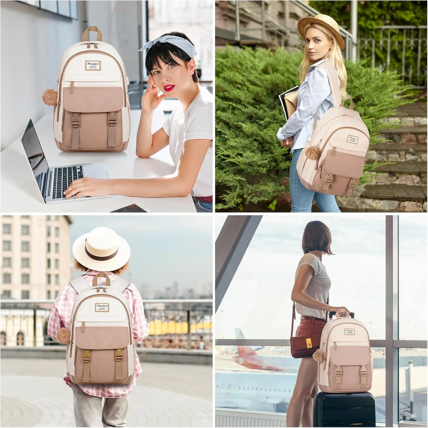 School Backpack for Teen Girls, Cute College Backpacks for Women Students Aesthetic Bookbag Large 15.6 Inch Laptop Bag Middle School Travel Back Pack (Khaki Beige)
