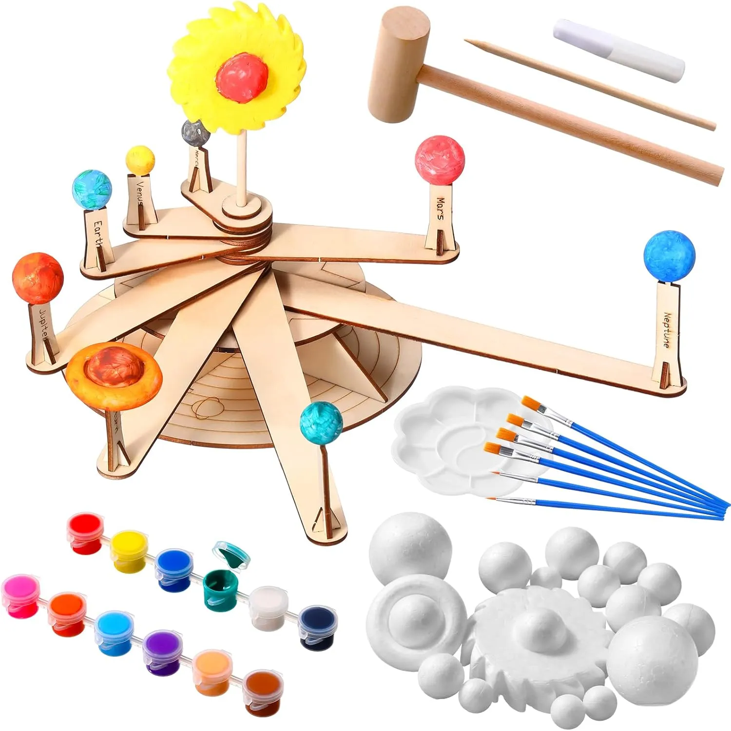 Seenelling Solar System Model Kit Foam Ball Crafts Set Includes 16 Mixed Sized Foam Balls 12 Color Pigments 6 Painting Brushes 1 Palette 1 Mallet for DIY Projects