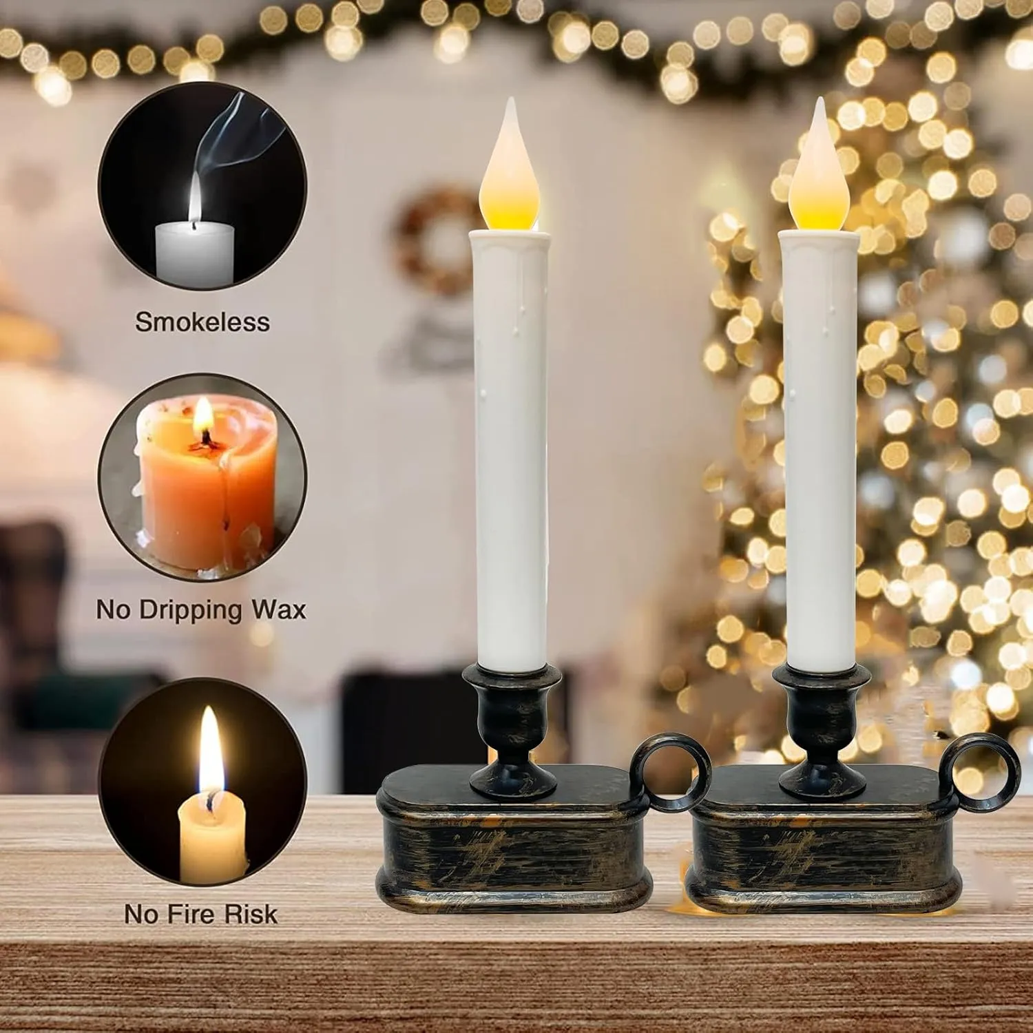 Set of 4 Battery Operated LED Window Candles, Dusk to Dawn Light Sensor, Flicker Flame Bronze Base, 10 Inch Flameless Taper Candles for Table, Bedroom, Christmas