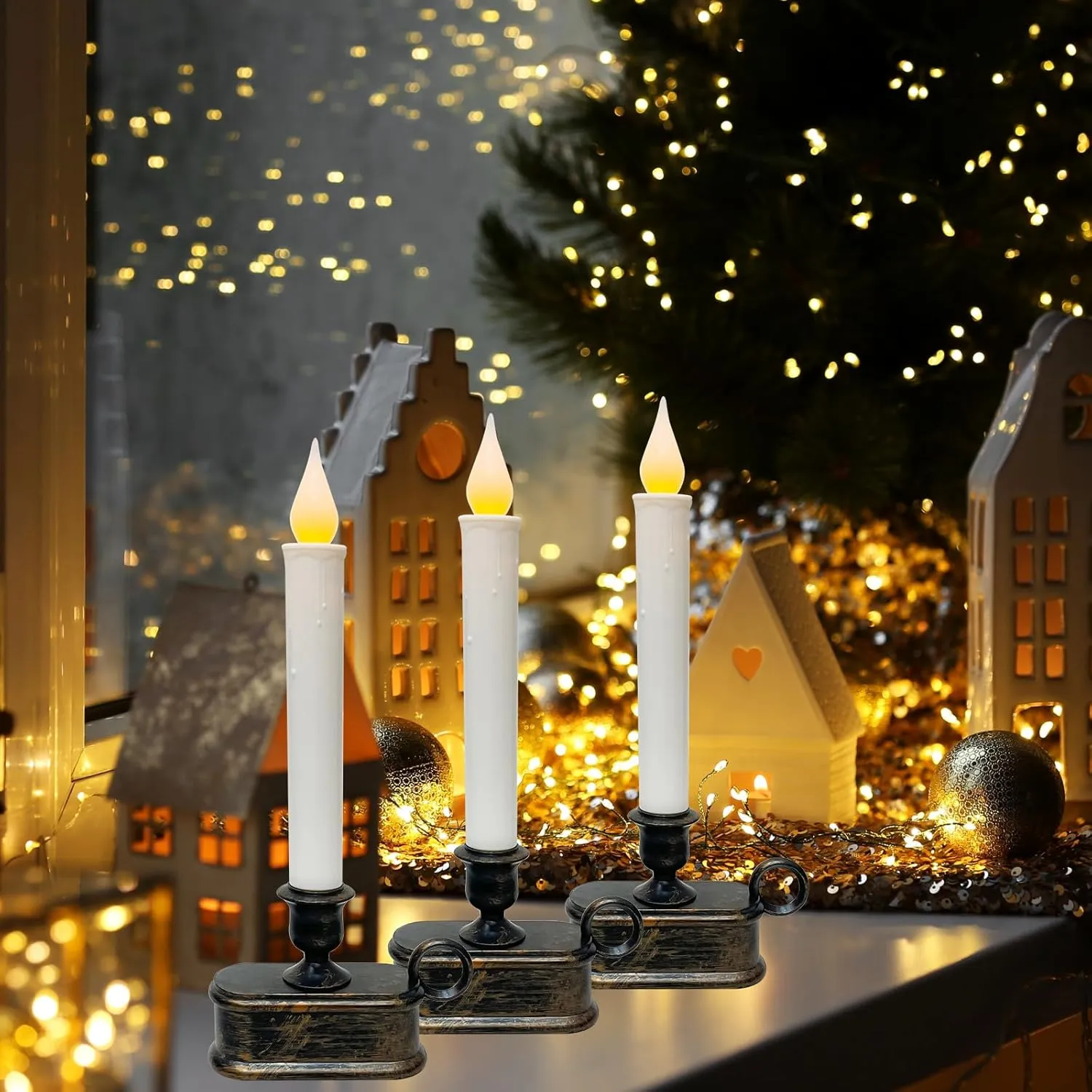 Set of 4 Battery Operated LED Window Candles, Dusk to Dawn Light Sensor, Flicker Flame Bronze Base, 10 Inch Flameless Taper Candles for Table, Bedroom, Christmas