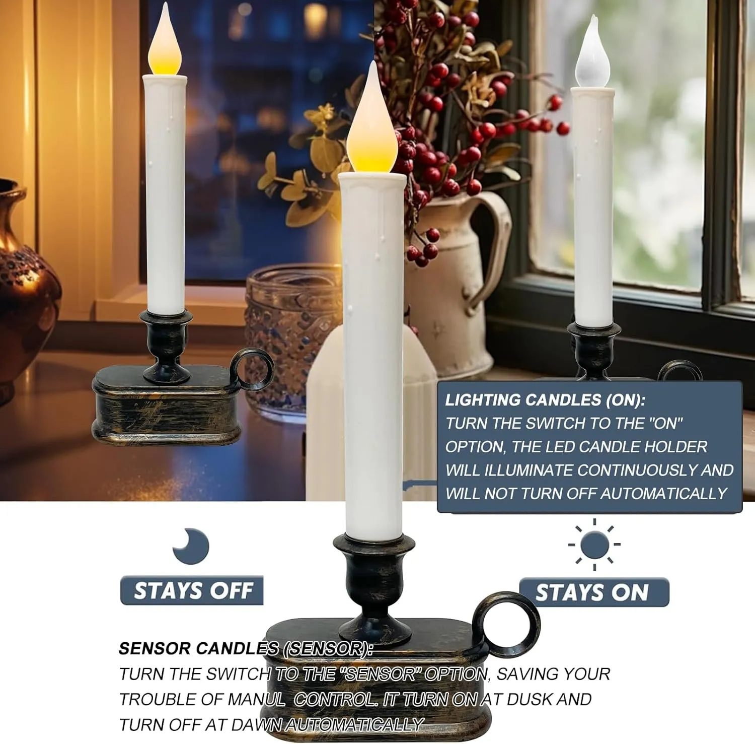Set of 4 Battery Operated LED Window Candles, Dusk to Dawn Light Sensor, Flicker Flame Bronze Base, 10 Inch Flameless Taper Candles for Table, Bedroom, Christmas